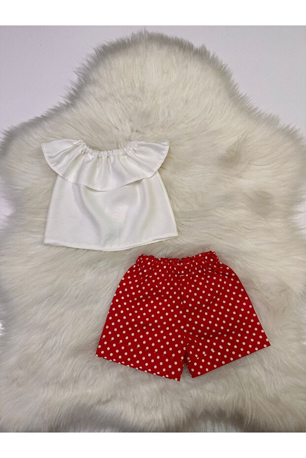 Girl's 2-Piece Set: Madonna Collar White Blouse & Polka Dot Patterned Red Shorts Set