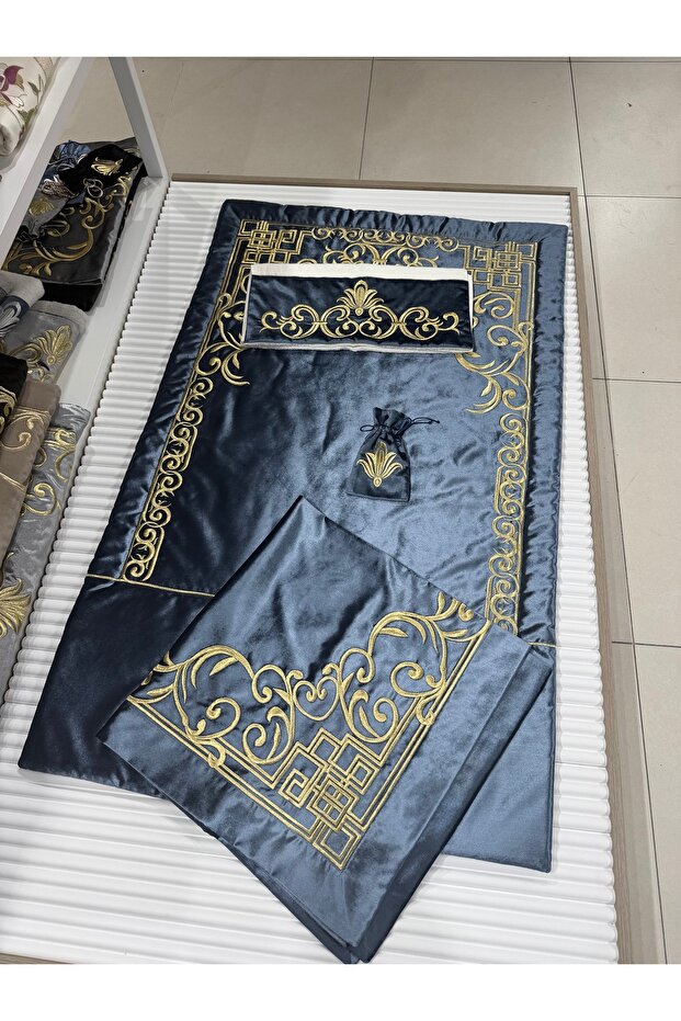 Gold Embroidered Groom Prayer Rug Set 4 Pieces - Silk Velvet Bundle and Prayer Beads