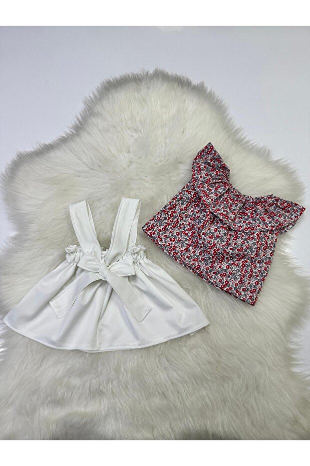 Girl's 2-Piece Set with Adjustable Straps, White Color Salopet & Madonna Collar Blouse Set