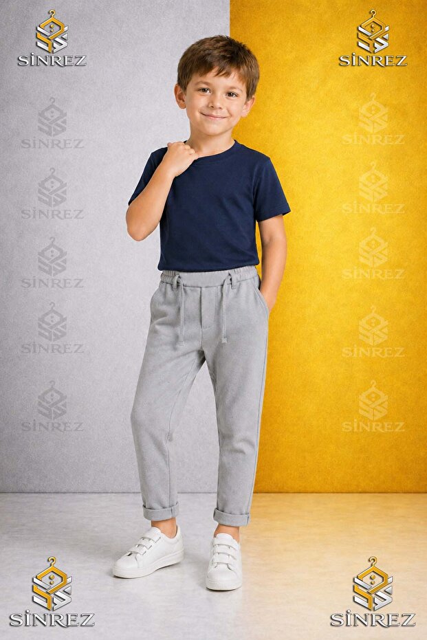 Boys' Plain Trousers 6.Mdl Elastic Waist Lycra Folded Leg Style