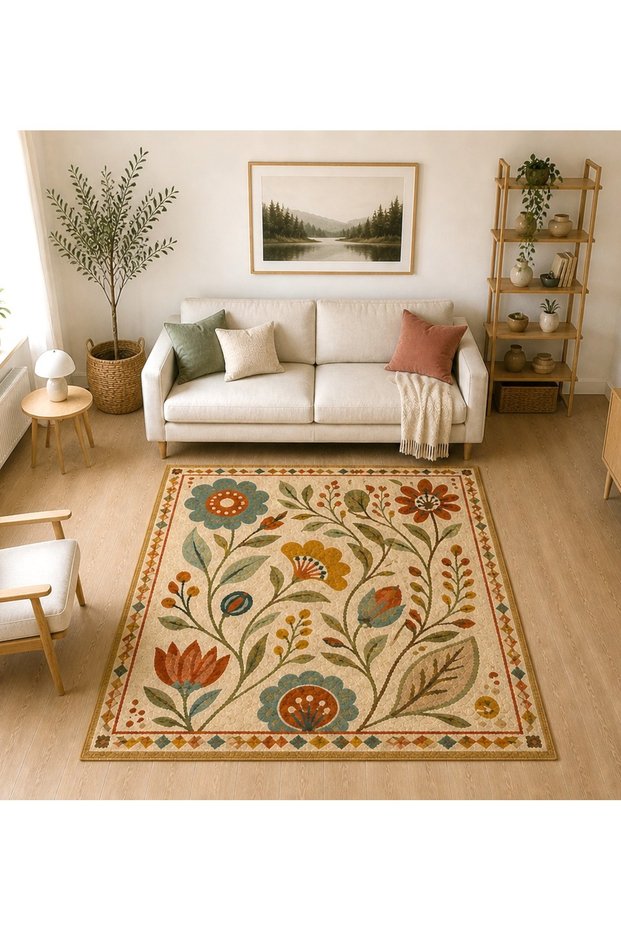Sdt Cream Background Nordic Spring Flowers Pattern Woven Base Decorative Carpet Sdt1184