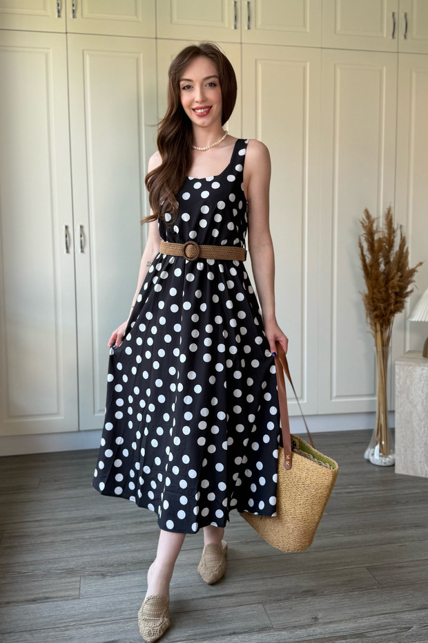 Polka Dot Midi Black Dress with Straw Belt Detail