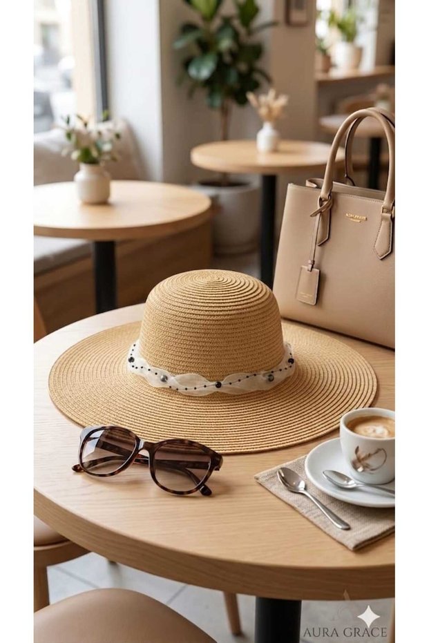 Handcrafted Stylish Tulle Black Beaded Stone Detailed Large Brim & Beige Wide Brim Beach Natural Straw Hat Trendy Boater with Internal Adjustable Drawstring