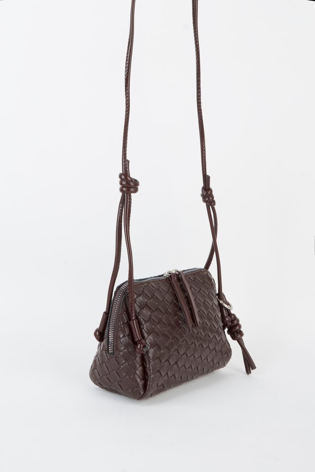 Women's Nazen Brown Knitted Design Faux Leather Small Size Zipper Closure Handbag and Shoulder Bag