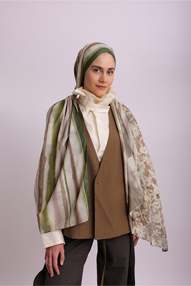 Floral Geometric Watercolor Pattern Double Sided Shawl - Brown Green
