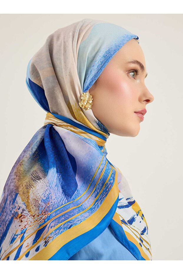 Blue and Yellow Patterned Soft Scarf - - 4