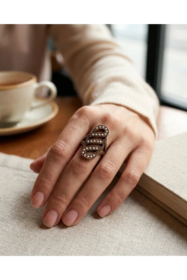 Bronze Vintage Women's Ring Authentic Tiny Pearl Worked Wind Model Adjustable