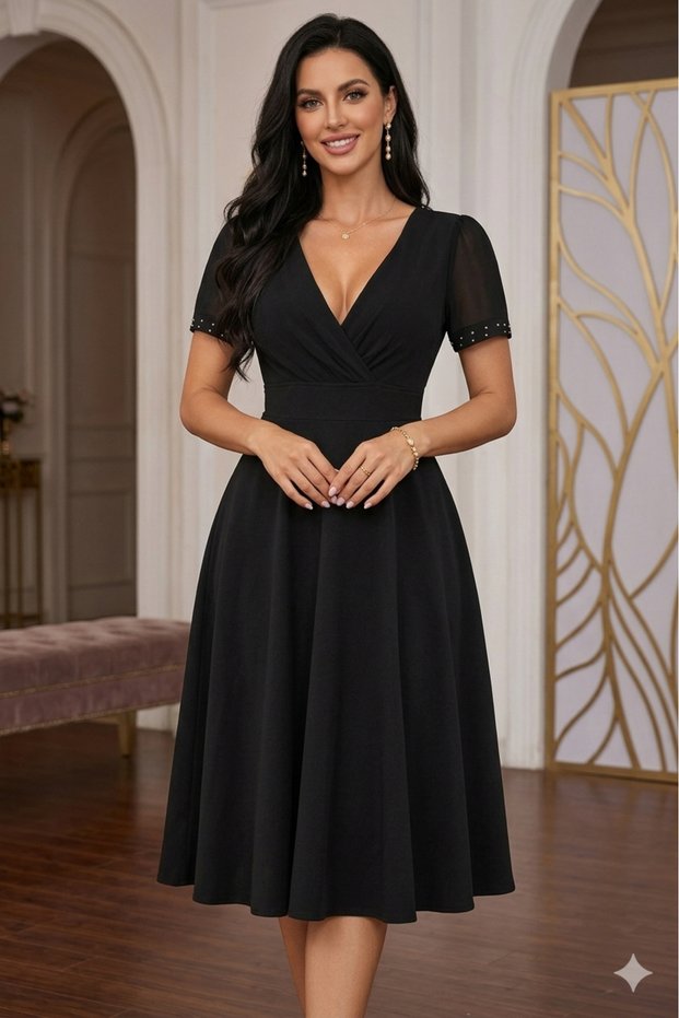 New Season Women's Short Sleeve V-Neck Short Janjan Crepe Dress with Tulle Stone Detail on the Sleeves