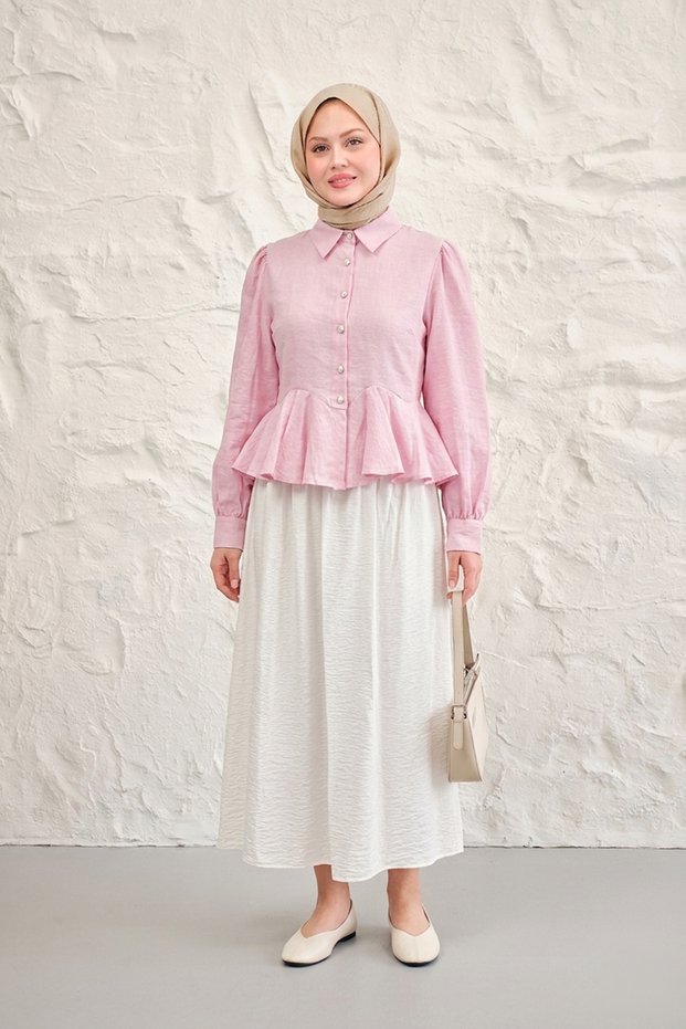 Women's Gold Button Detail Ruffled Short Shirt Pink