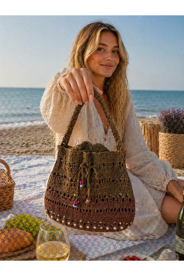 Women's Brown Hand Knitted Beach Bag - Unlined