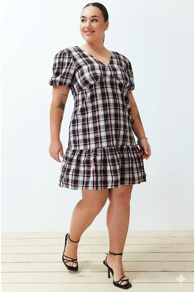 Plus Size Plaid Print Puffy Sleeve Low Waist Dress