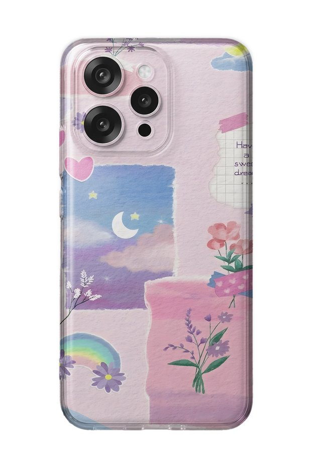 Oppo Reno 15 / 15F Compatible Pastel Floral Moon and Rainbow Pattern Transparent Phone Case