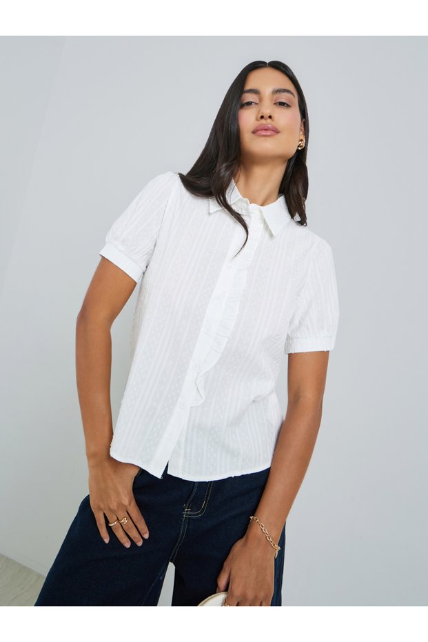 White Ruffle Front Dobby Shirt