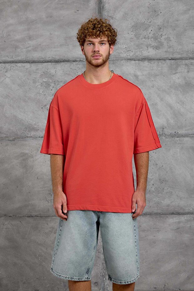 Men's T-Shirt Shoulder Detail Washed Red Oversize Crew Neck Cotton