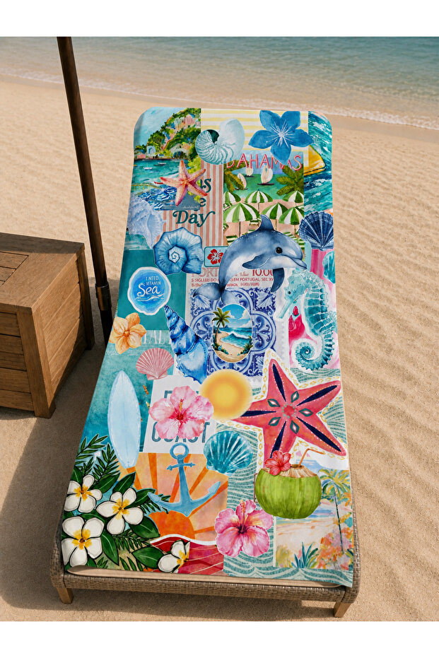 Blue and White Marine Themed Sea Patterned Microfiber Beach Towel