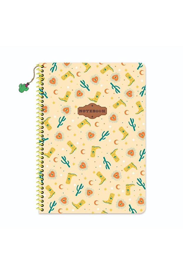 A4 Spiral Bound Cardboard Cover Checkered Charmlı Cowboy Notebook - Yellow