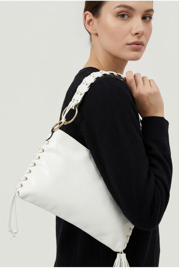 Women's White Color Shiny Wrinkled Leather Hand and Shoulder Bag with Lace Detail