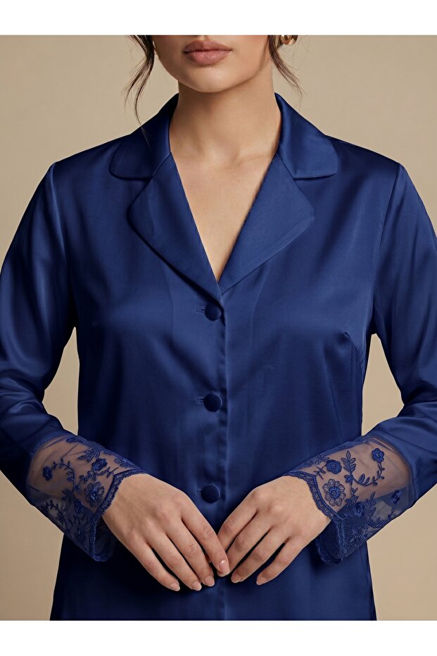 Light Navy Blue Satin, Long-Sleeved Pajama Set with Lace Detail.