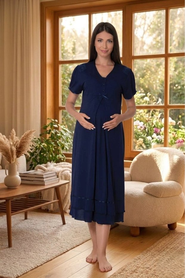New Season Women's Navy Blue Short Sleeve Buttoned Summer Special Design 100% Cotton Maternity Nightgown