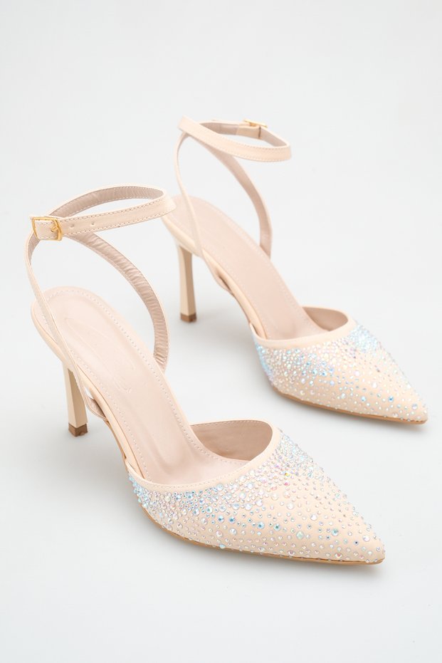 Costa Beige Stone Ankle Strap Detailed Women's Evening Dress Heeled Shoes