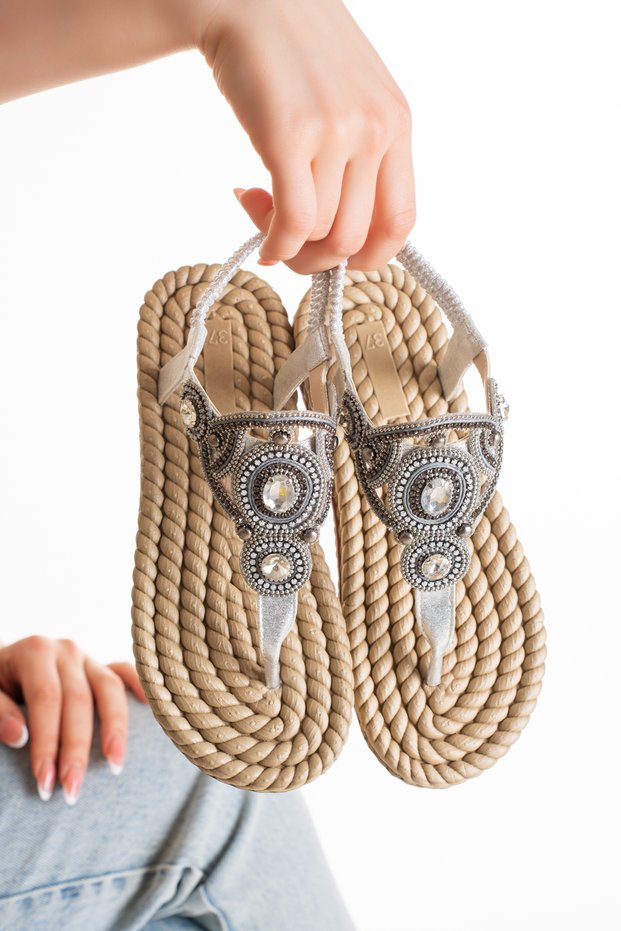 Straw Flip-Flop Women's Sandals with Silver Color Diamond Detail