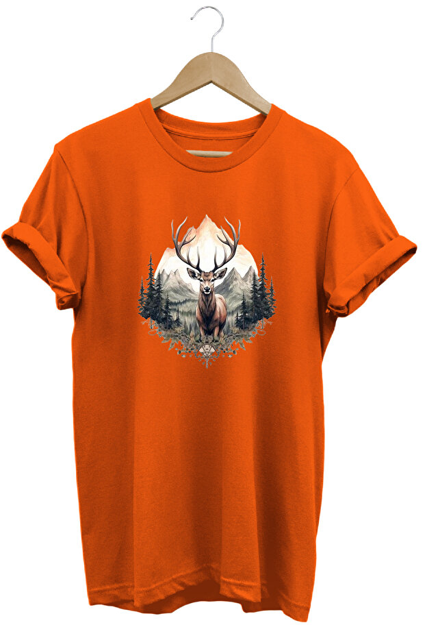 Unisex Deer and Mountain View Printed Crew Neck T-Shirt