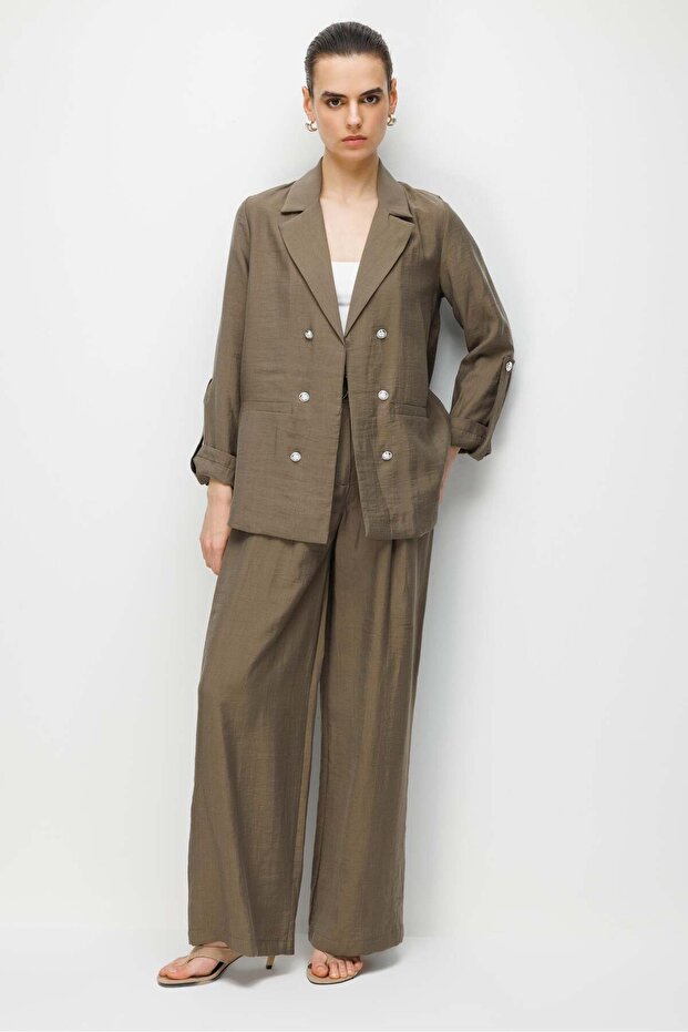 4833 Women's Blazer Jacket Palazzo Trousers Two-Piece Set Khaki