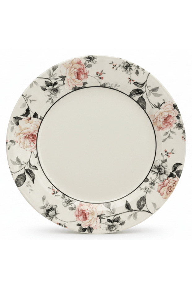 Off-White Round Ceramic Dinner Plate with Floral Design - 10.2 Inch