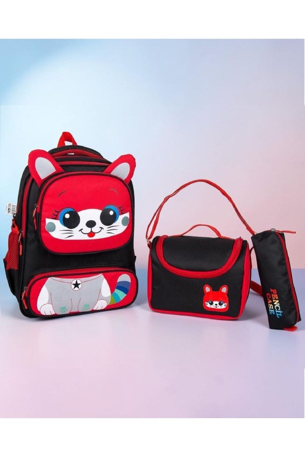 3-Piece Ear-Strapped Primary School Backpack with Lunch Pencil Case Red-Black