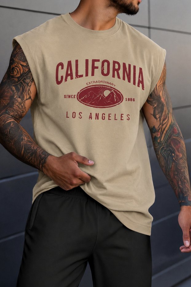 Men's Oversize Sleeveless T-Shirt 100% Cotton California Printed Crew Neck Tank Top