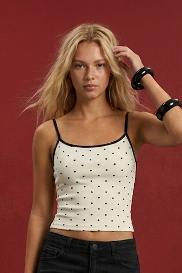 Jabri Slim Fit Ip Askılı Polka Dot Jacquard Women's Blouse & Women's Tshirt & T-Shirt & Undershirt - Ecru