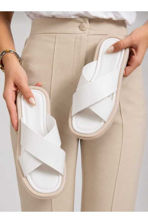 WHITE GENUINE LEATHER WOMEN SLIPPERS