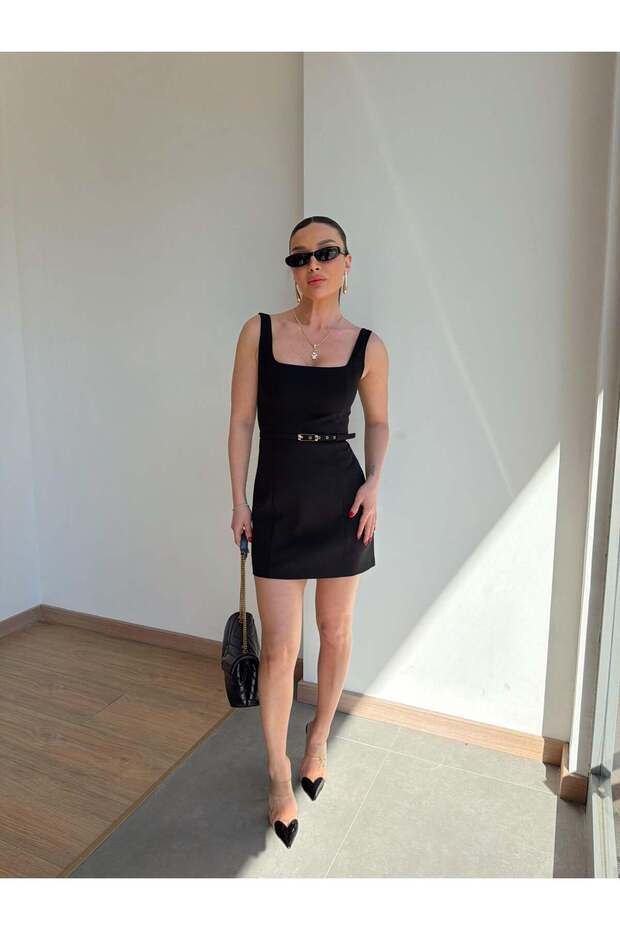 Basic Luxury Black Mini Square Neck Dress - 2