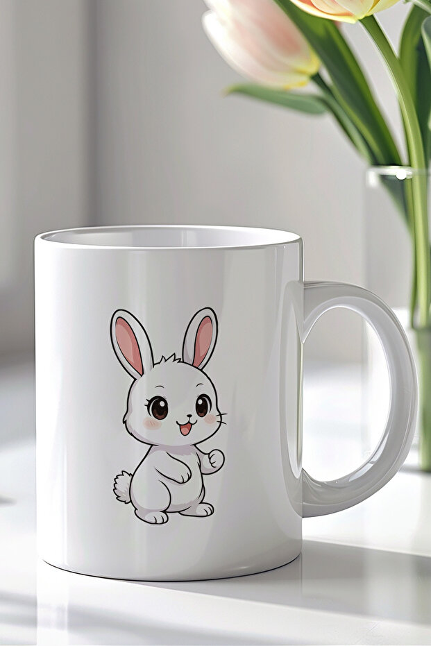 330ml Printed White Ceramic Mug Cup with Cute Rabbit Pattern