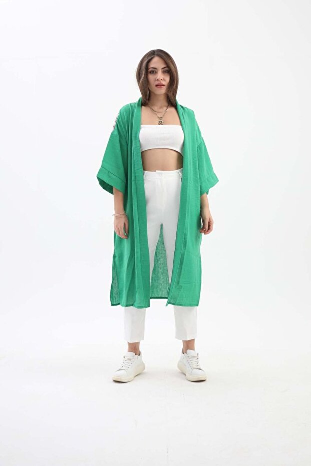 Women's green kimono back printed tassel oversize midi summer beach cardigan