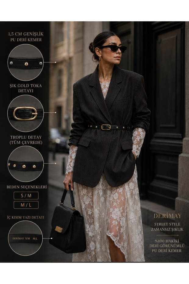 Women's Slim 1.5 cm Brown Belt with Gold Buckle & Trop Modern Stylish Design Compatible with Trousers, Dresses, Jackets