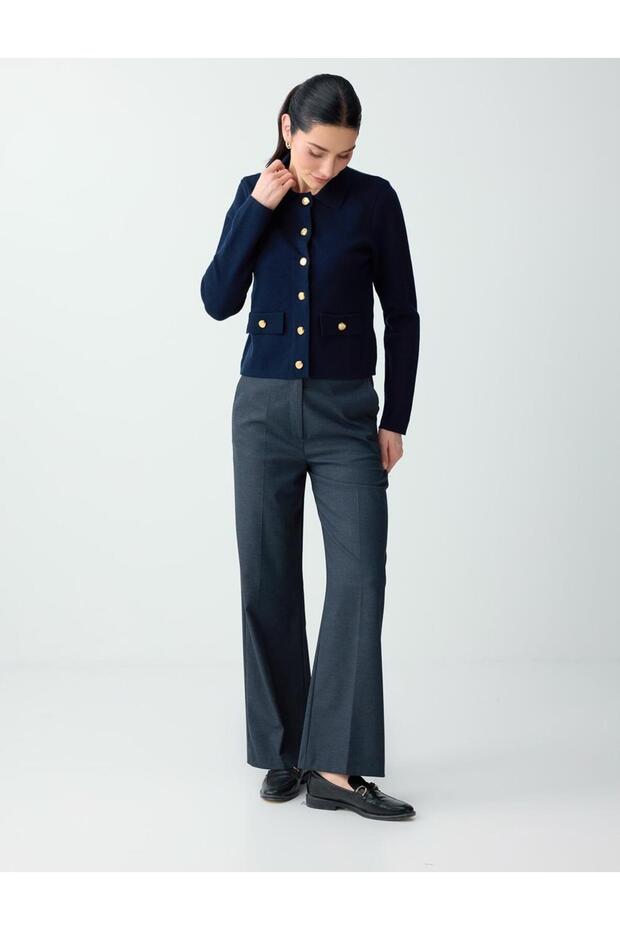 Dark Blue Straight Cut Wide Leg Woven Trousers