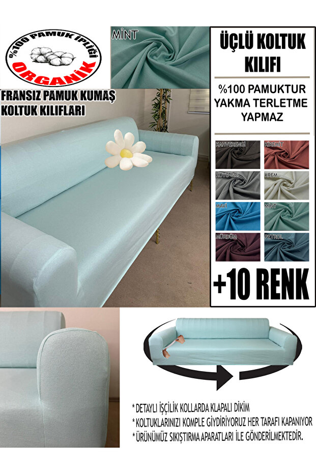 100% Cotton Fabric 1 Piece Three-Seat Sofa Cover, Complete Coverage, Anti-Sweat and Anti-Flame Fabric, Detailed Workmanship + 2 Decorative Cushions as a Gift