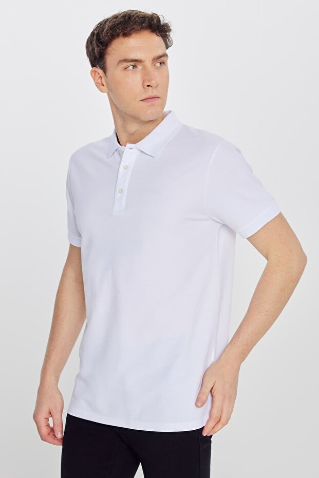 Non-Curling Pique Polo Collar Men's White T-Shirt