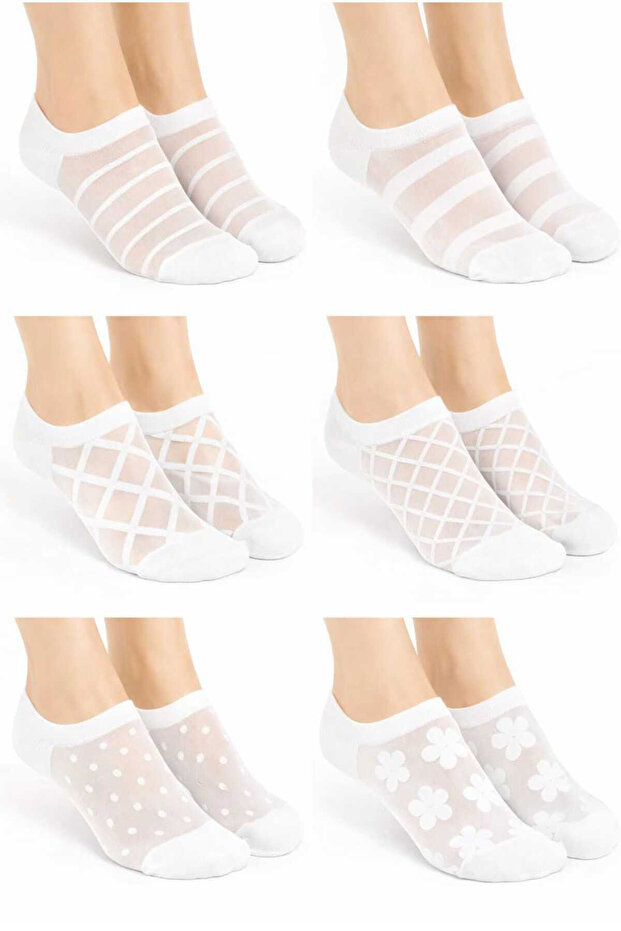 6 Pairs of Women's White Patterned Tulle Booties Socks Set