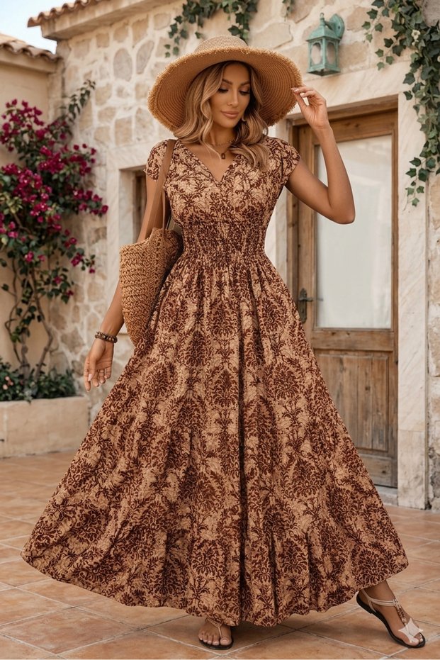 Women's Maxi Length Patterned Summer Jersey Dress with Elastic Detail at the Waist
