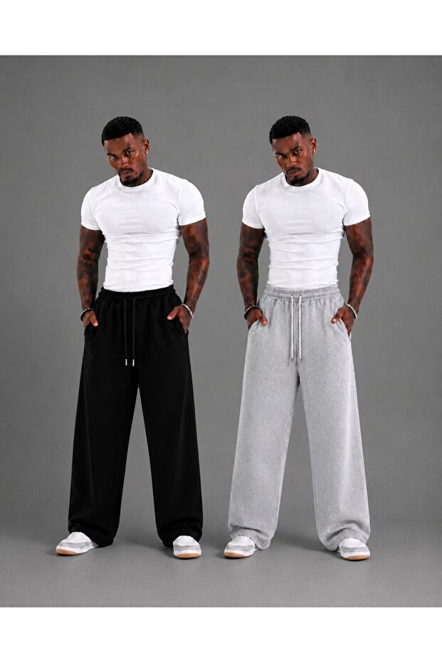 2 Pieces Black-Grey Men's High Waist Baggy Comfortable Fit Sweatpants