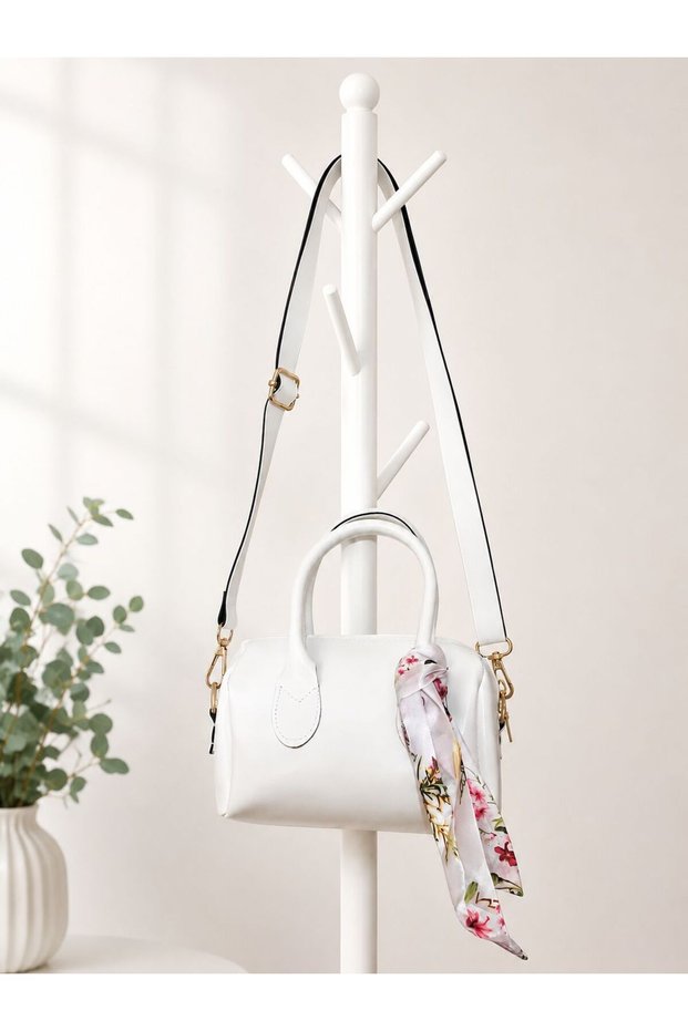 White Mini Hand & Shoulder Women's Bag – Gold Zipper, Scarf Detail