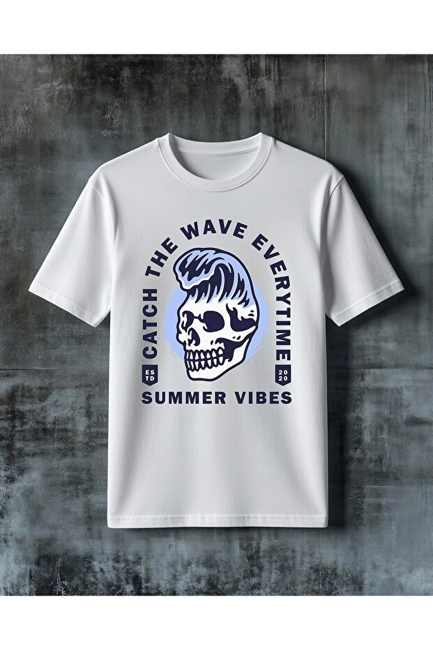 تي شيرت كبير الحجم مطبوع عليه catch wave summer vibes