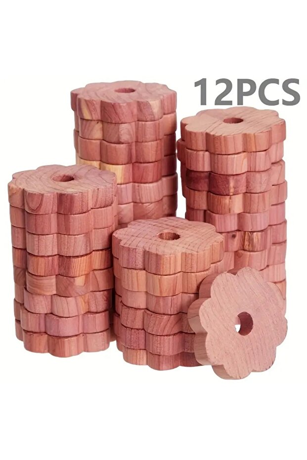 12pcs 12pcs Cedar Wood Blocks & Flower Rings, Natural Moth Repellent for Wardrobe, Drawer & Clothing
