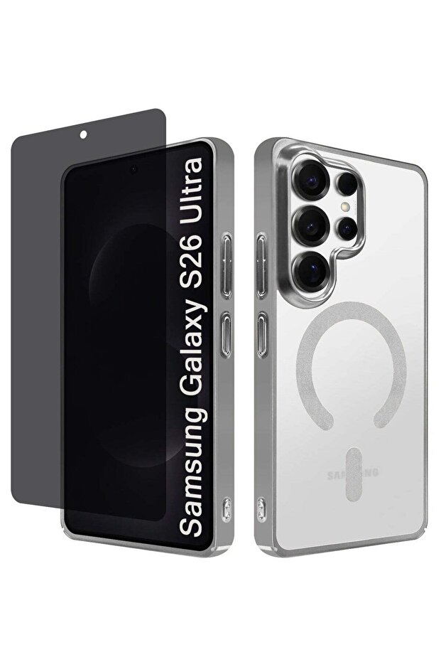 Magnetic Electroplated Protective Case for S26 Ultra - Transparent Back and Lens Shield with Privacy Screen Protector Silver-2