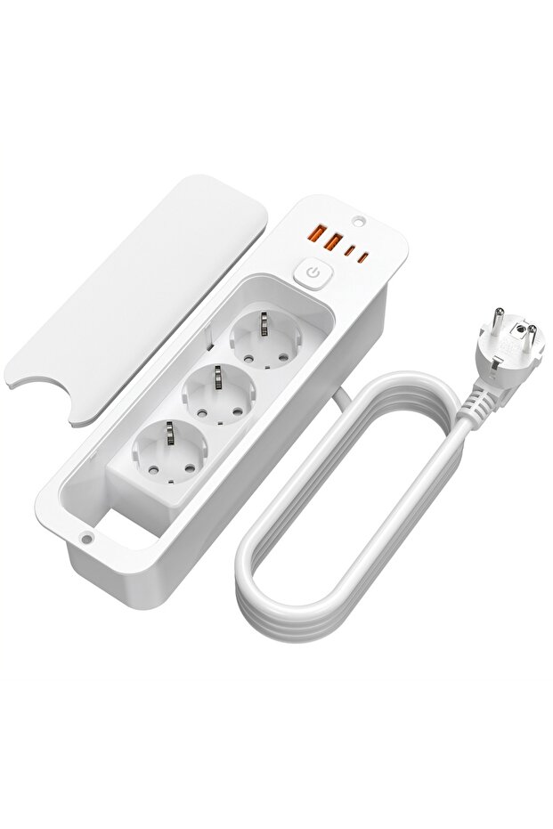 مقبس كهربائي أوروبي أبيض 3AC من HITRENDS مع شريط طاقة مدمج ومنفذين USB ومنفذين Type C بقدرة 20 واط للشحن السريع