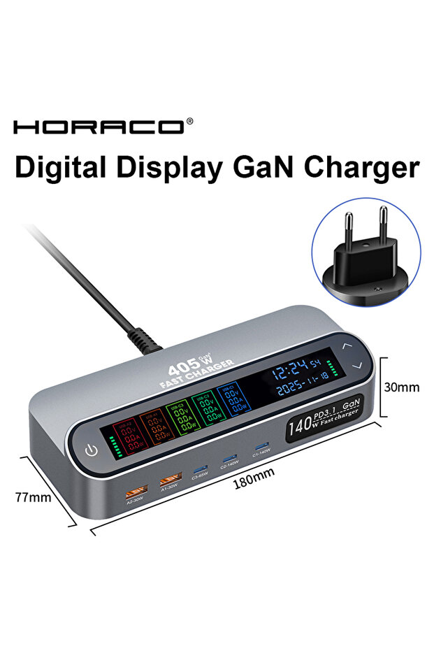 شاحن سريع GaN بقوة 405 واط مع قابس أوروبي، 140 واط PD3.1 PPS، منفذ USB من النوع C، شاشة LCD رقمية، محطة شحن مكتبية