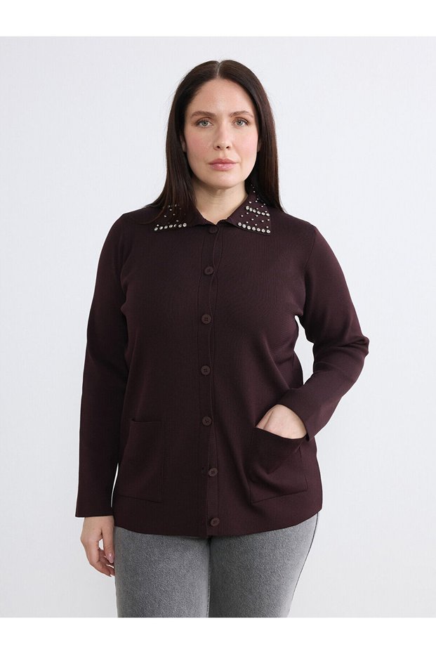 Vizyon New Season Polo Collar Stoned Women's Knitwear Cardigan