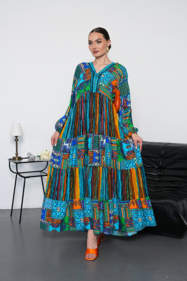 Rochie cu mânecă lungă, tip patchwork, lungime completă - 7